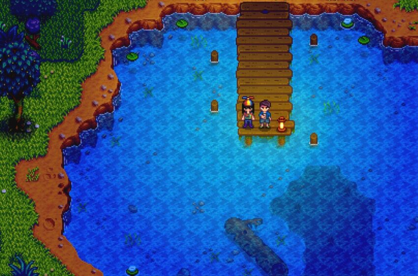 a-farmer-and-shane-by-the-lake-in-cindersap-woods-at-night-in-stardew-valley