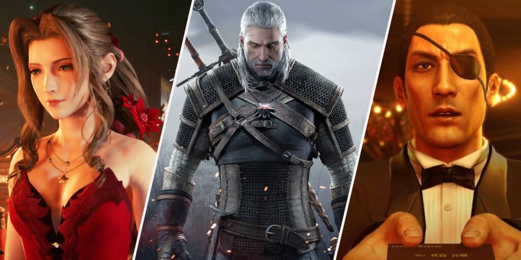 geralt-from-the-witcher-aerith-from-ff7-remake-and-majima-from-yakuza-zero-side-by-side